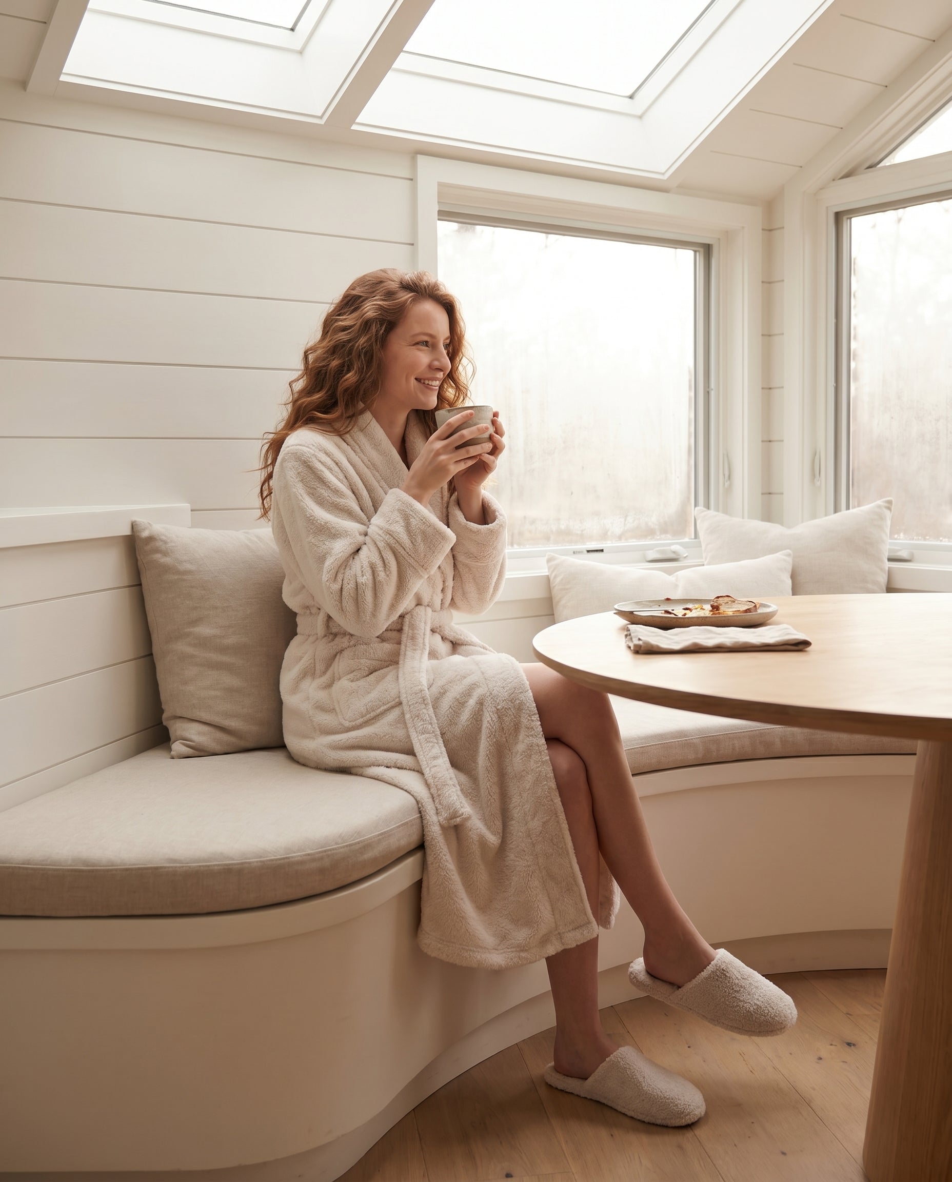 Woman wearing a plush robe for bathrobe length and fit guidance