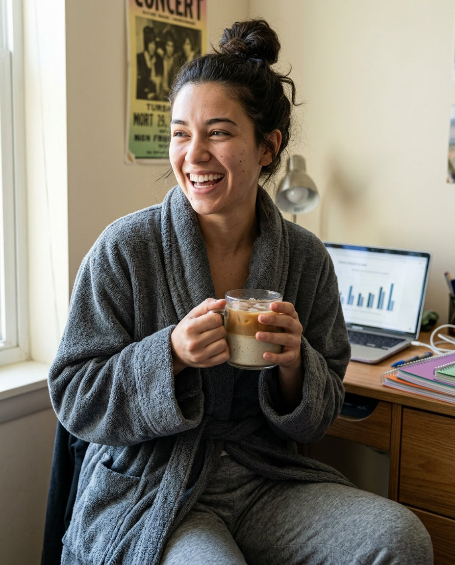 College Girl in Pure Bliss Organic Terry Bathrobe in Slate color