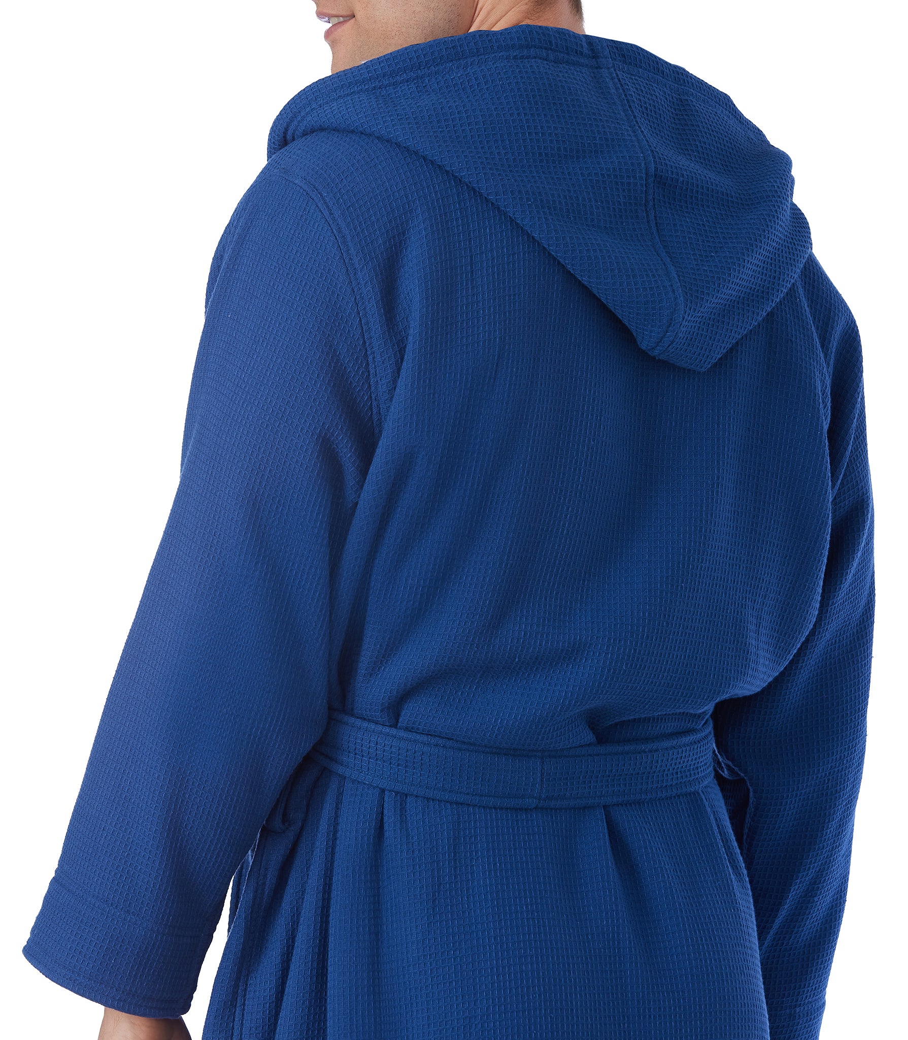 Hooded Terry Bathrobes close up#color_navy blue