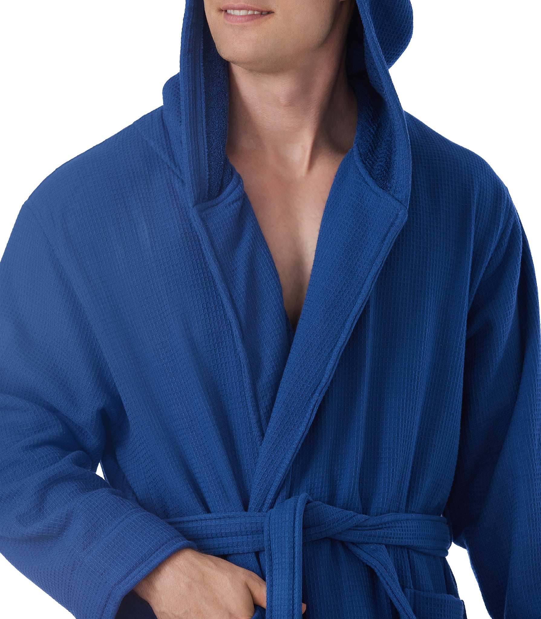 Hooded Terry Bathrobes close up#color_navy blue