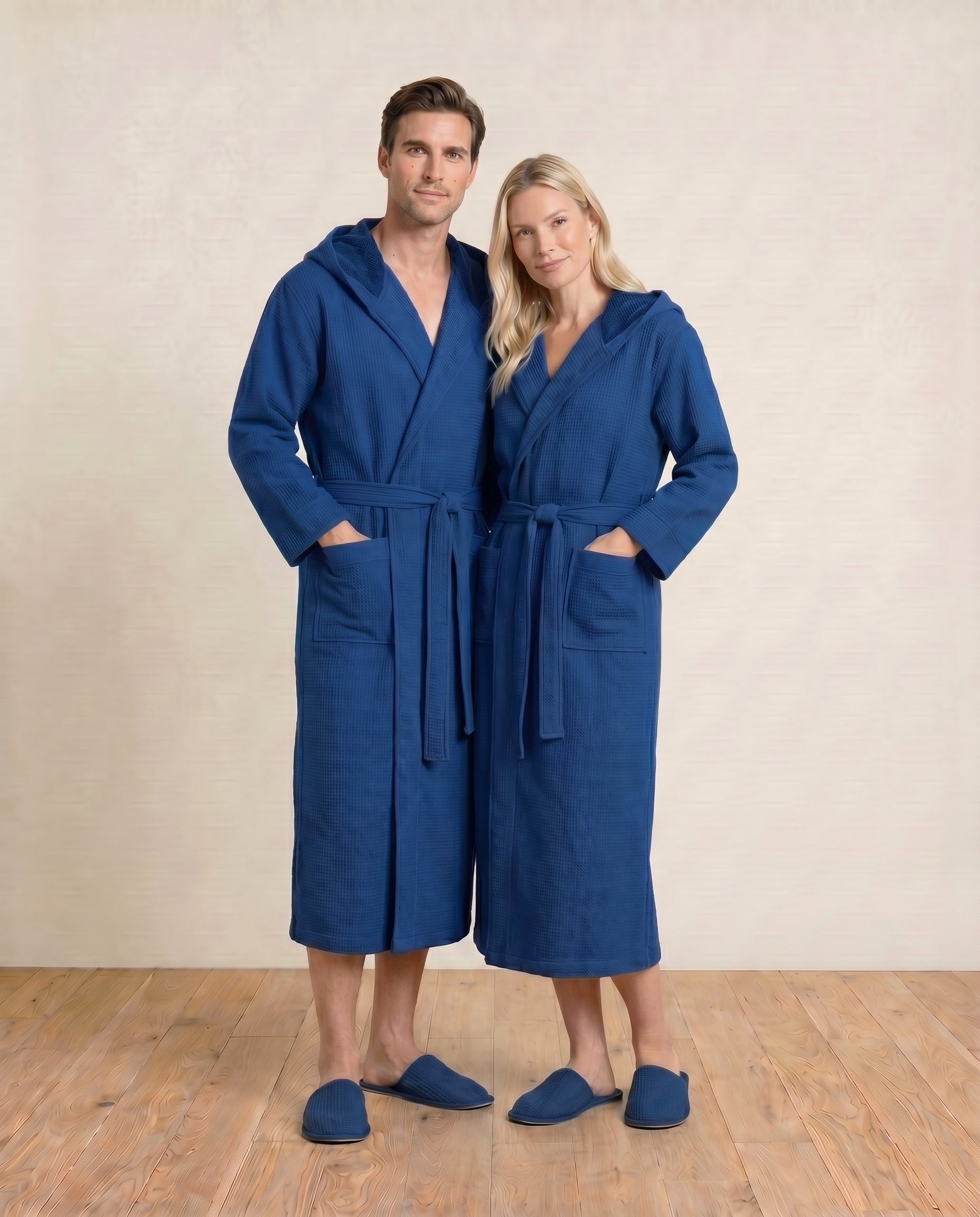 Hooded Terry Bathrobes for couples#color_navy blue