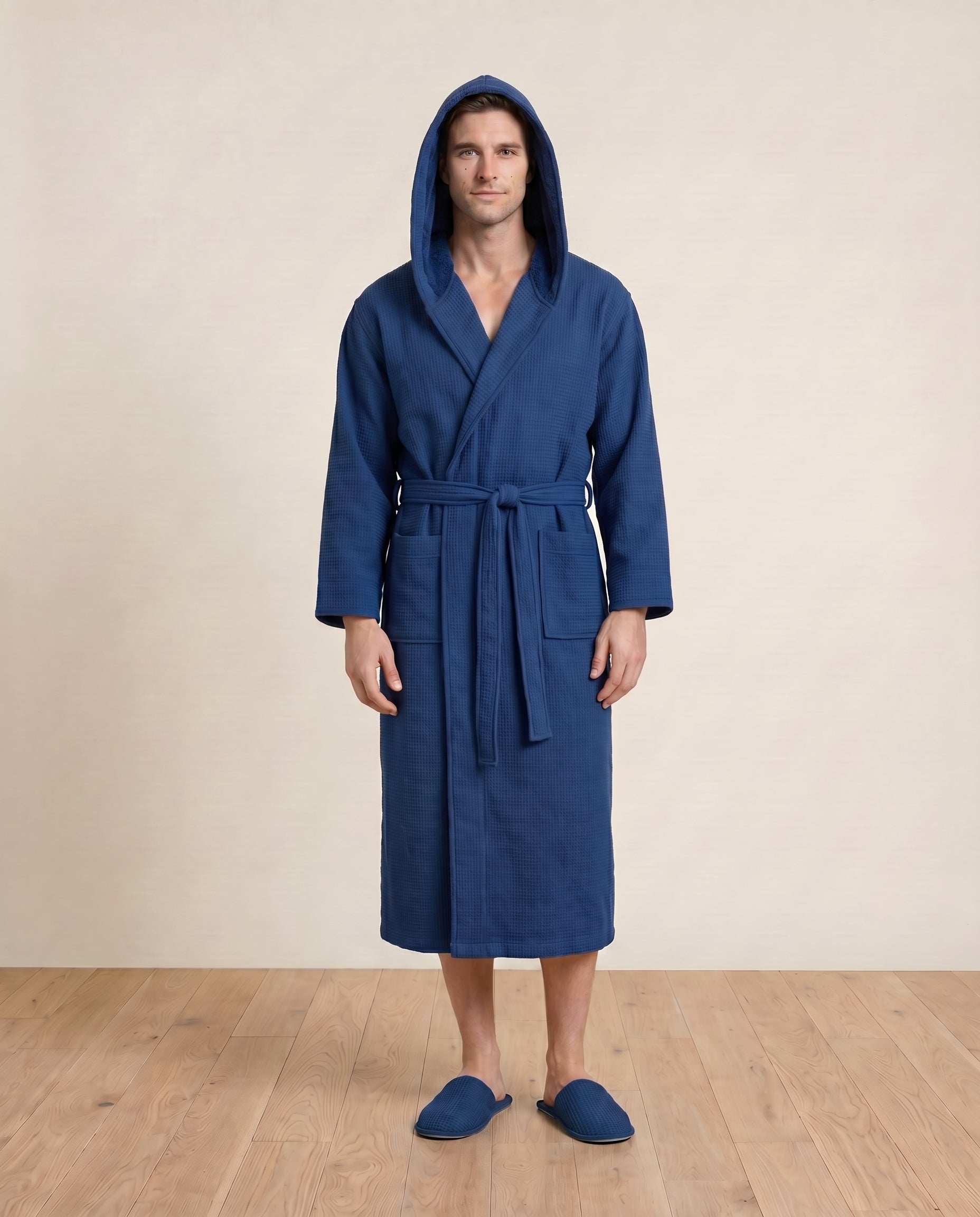 Hooded Waffle Terry Bathrobes for men Front View#color_navy blue