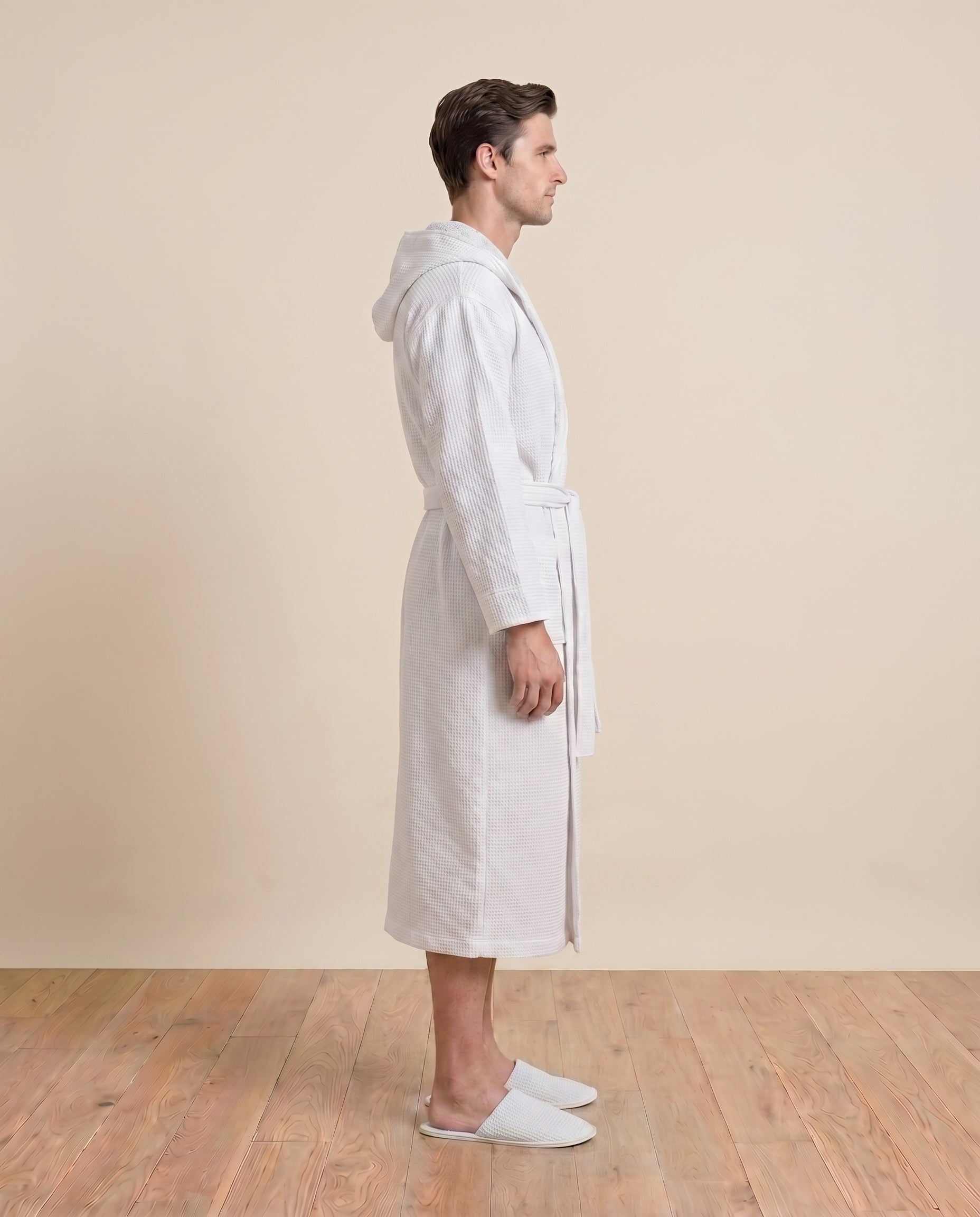 Hooded Waffle Terry Bathrobes for men Side View#color_white
