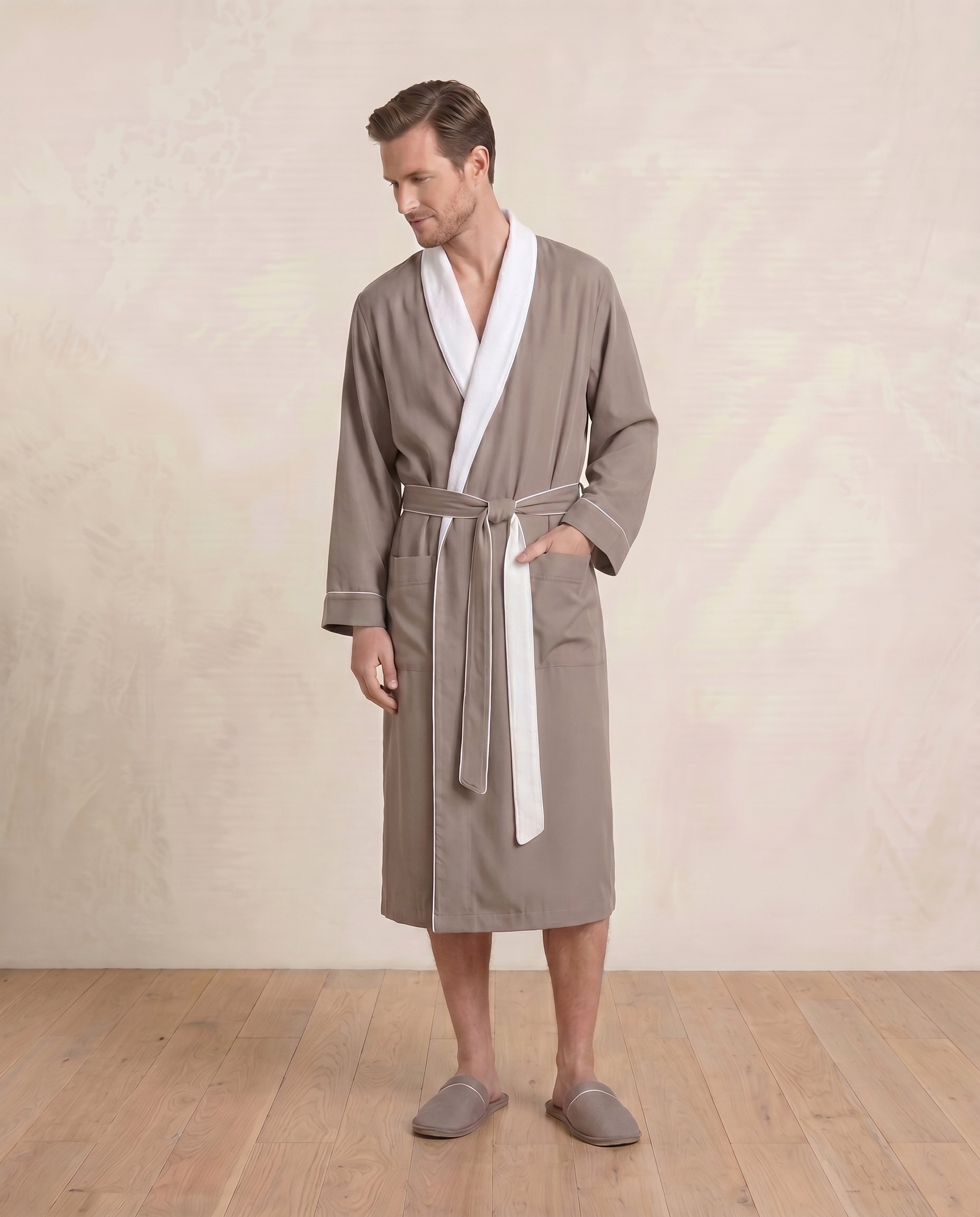 Luxe Robe for Men Front View#color_sandstone