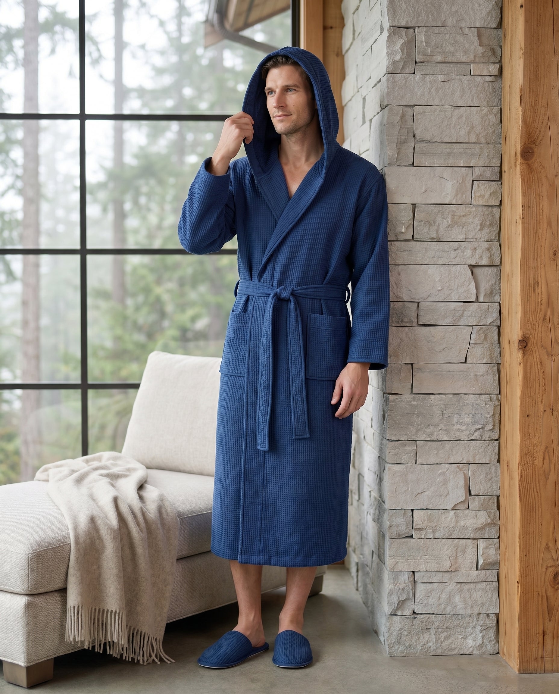 Man wearing a hooded bathrobe for a men's robe buying guide