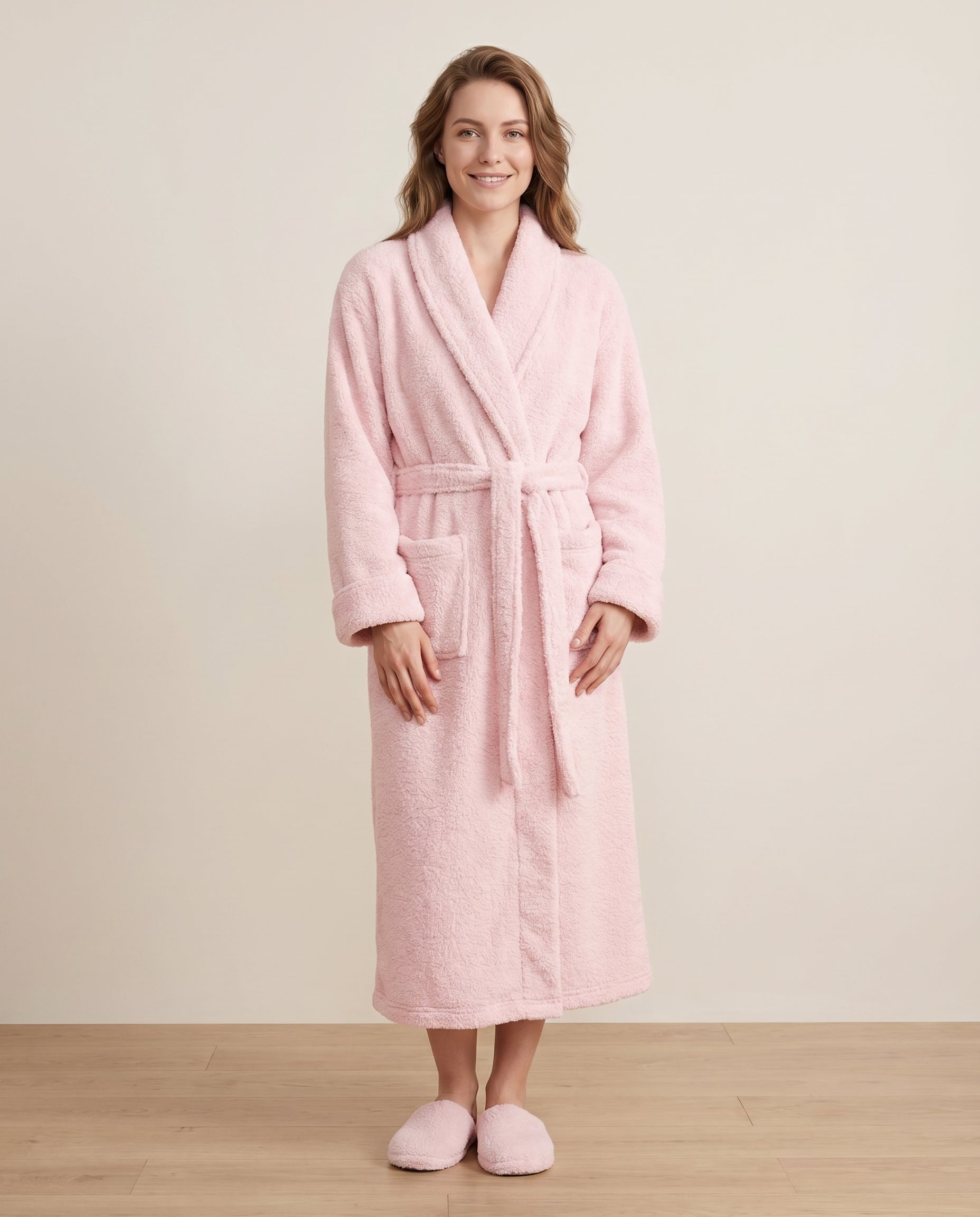 Woman wearing a full length plush robe in blush, front view