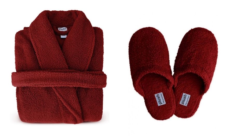 Coordinated burgundy bathrobe and matching indoor slippers