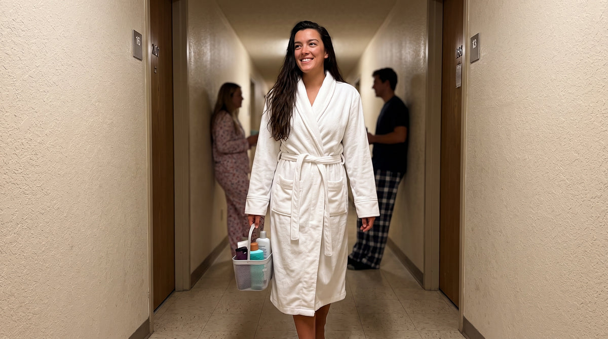 College Girl in Bathrobe in Dorm Hallway wearing Pure Bliss Organic Terry Bathrobe