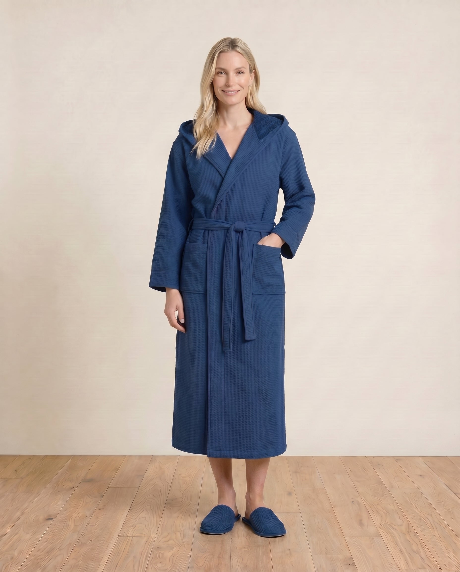 Hooded Waffle Terry Bathrobes for women#color_navy blue