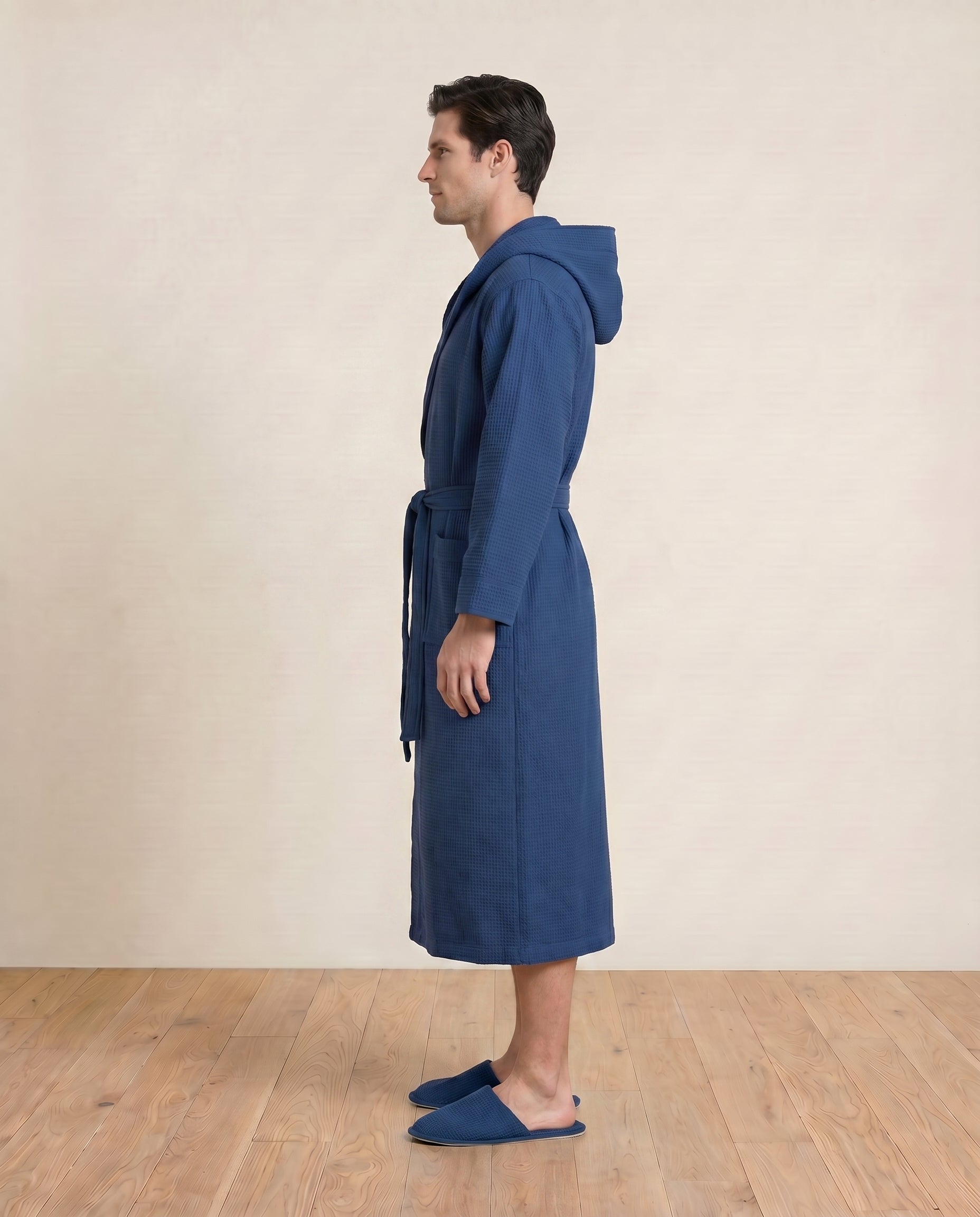 Hooded Waffle Terry Bathrobes for men Side View#color_navy blue