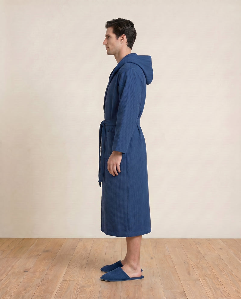 Hooded Waffle Terry Bathrobes for men Side View#color_navy blue