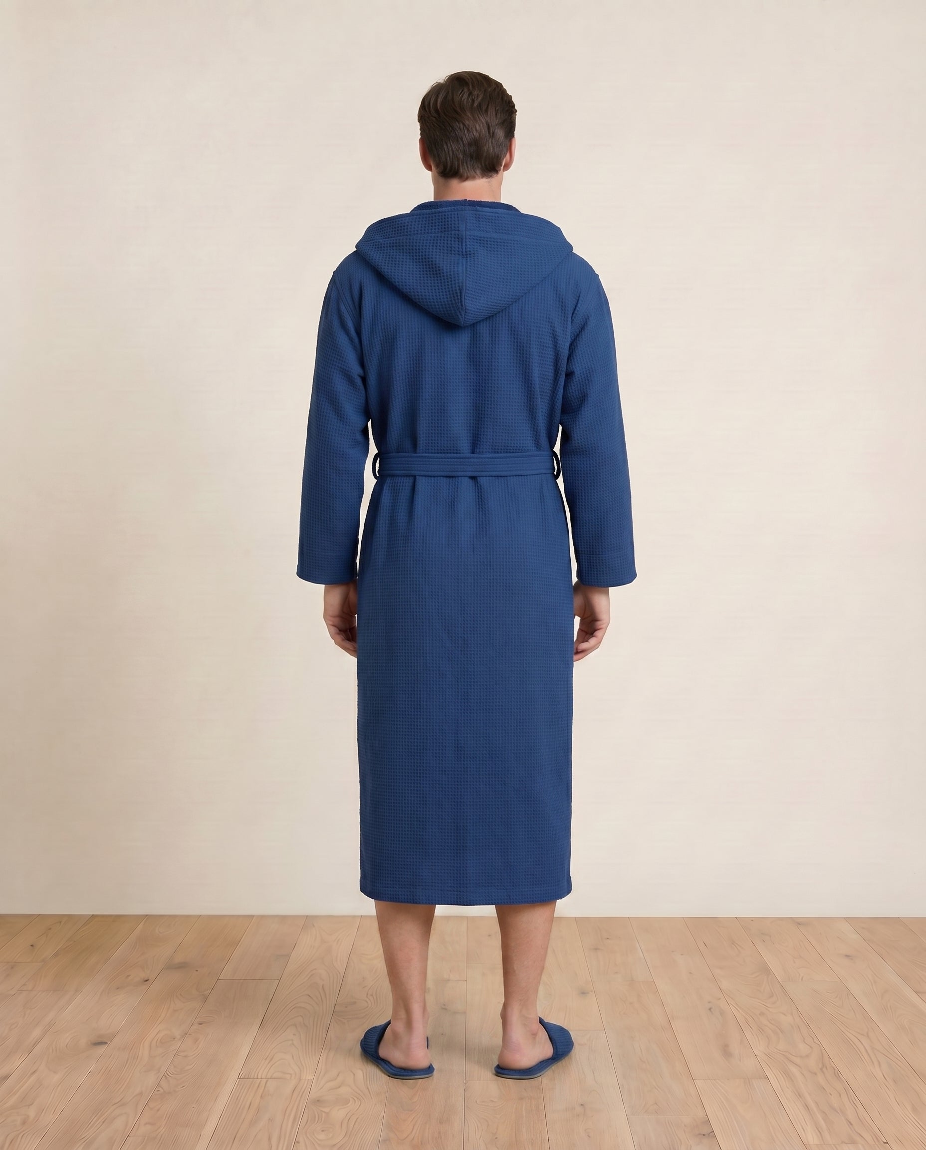 Hooded Waffle Terry Bathrobes for men Back View#color_navy blue