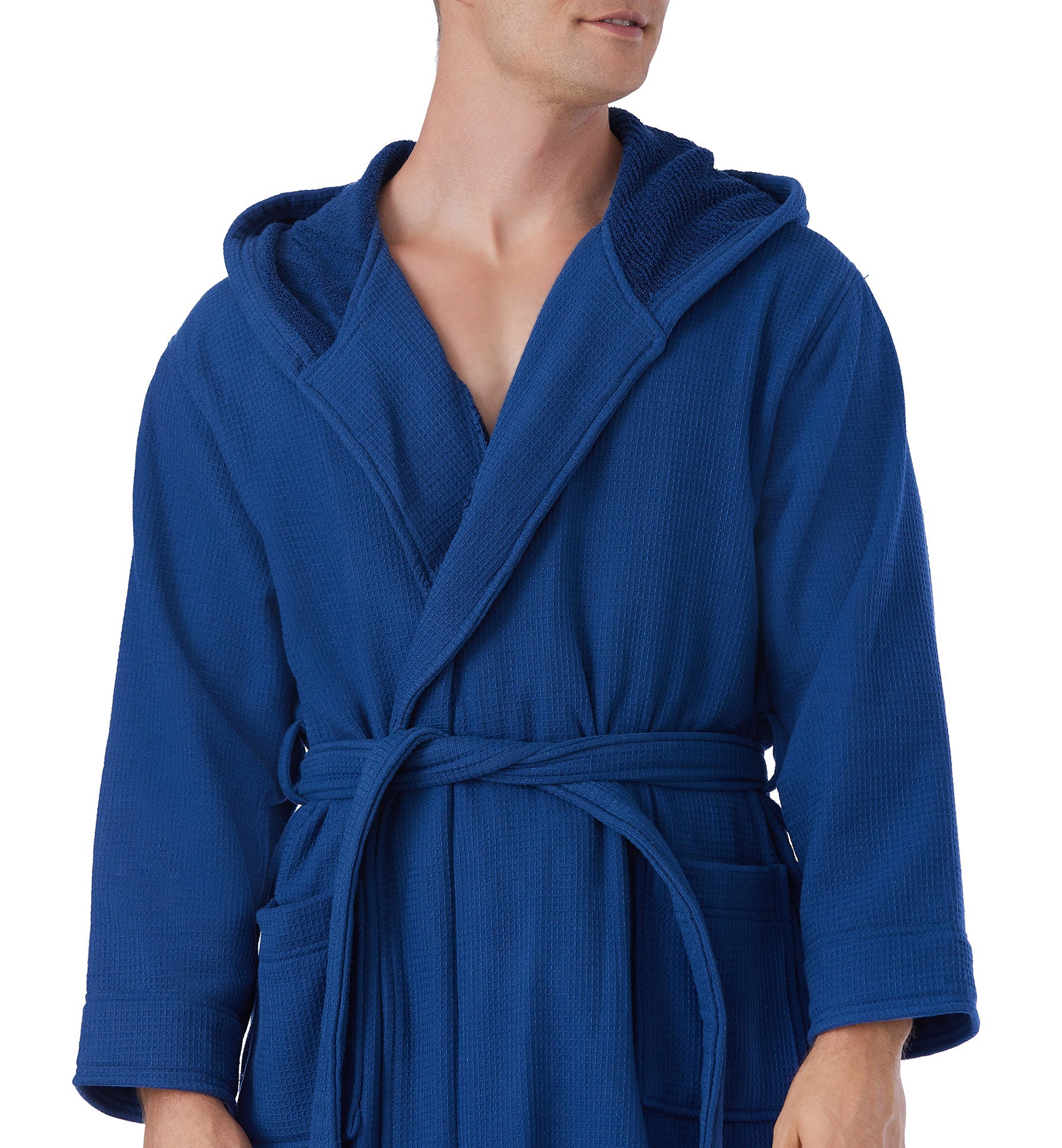 Hooded Waffle Terry Bathrobes for men Close Up#color_navy blue