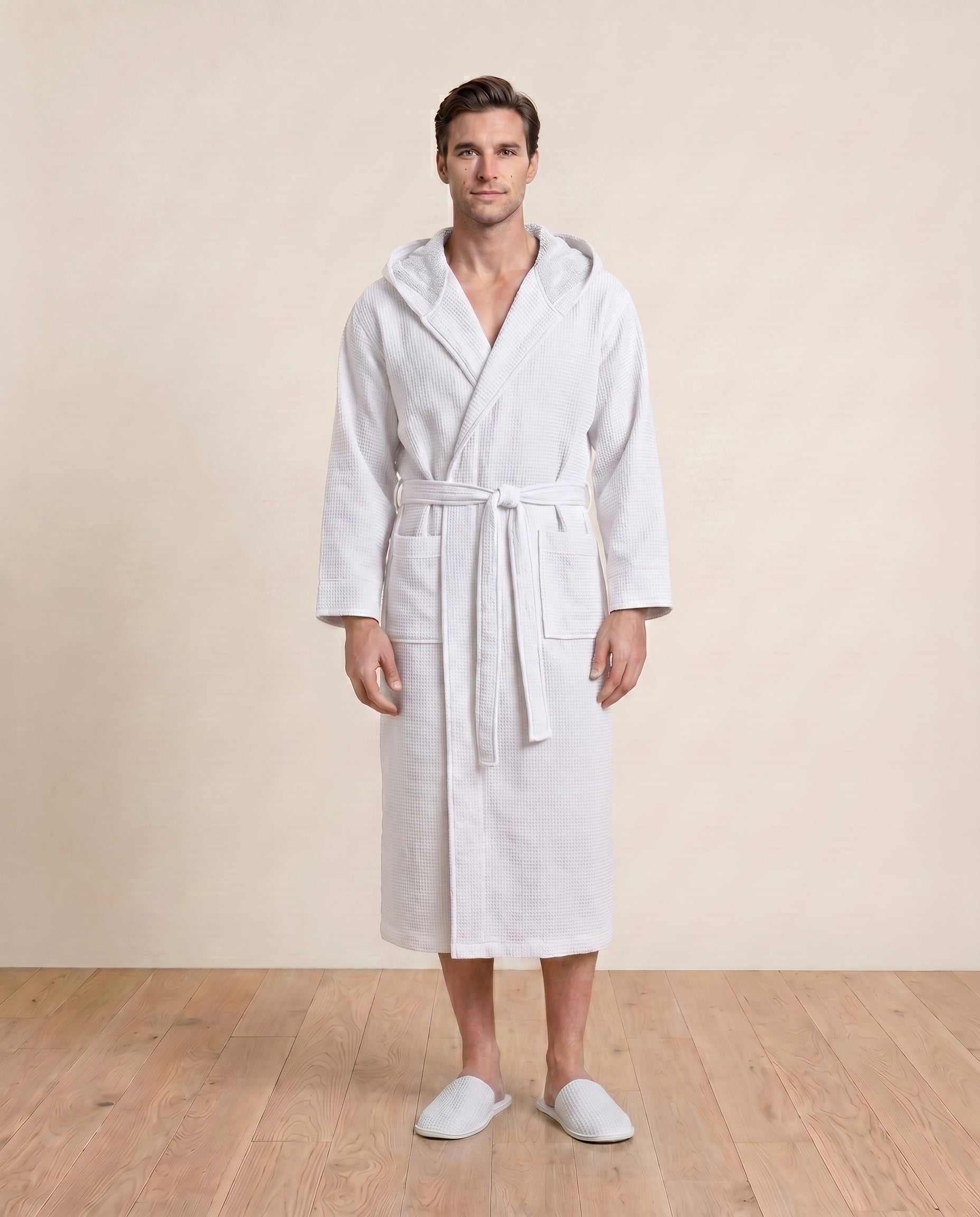 Hooded Waffle Terry Bathrobes for men Front View#color_white