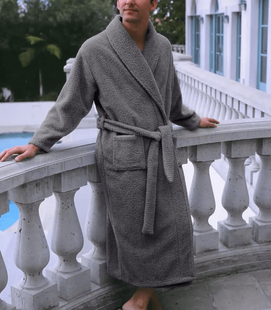 Couple wearing full length plush robes in XXL and XXXL sizes