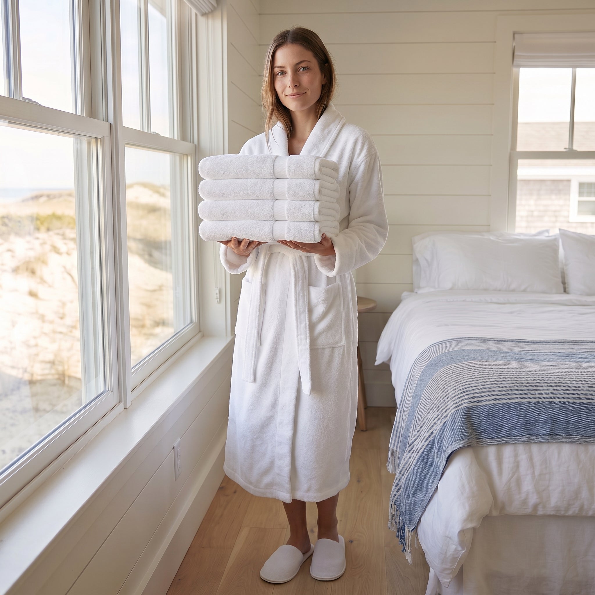 A woman in a white bathrobe stands in a bright bedroom holding a stack of folded white towels. A bed with white bedding and a blue striped throw is visible beside a large window with an outdoor dune view.