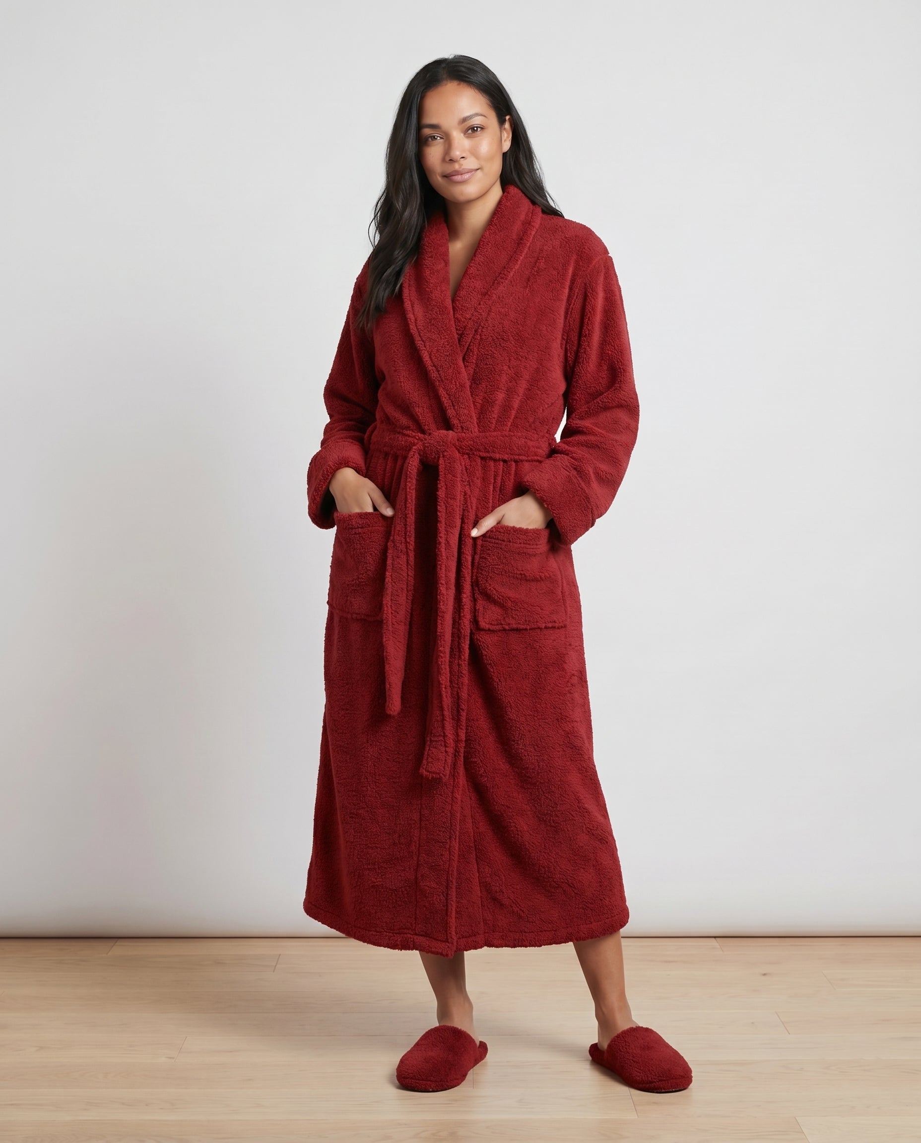Plush Robe Women Front View#color_cranberry